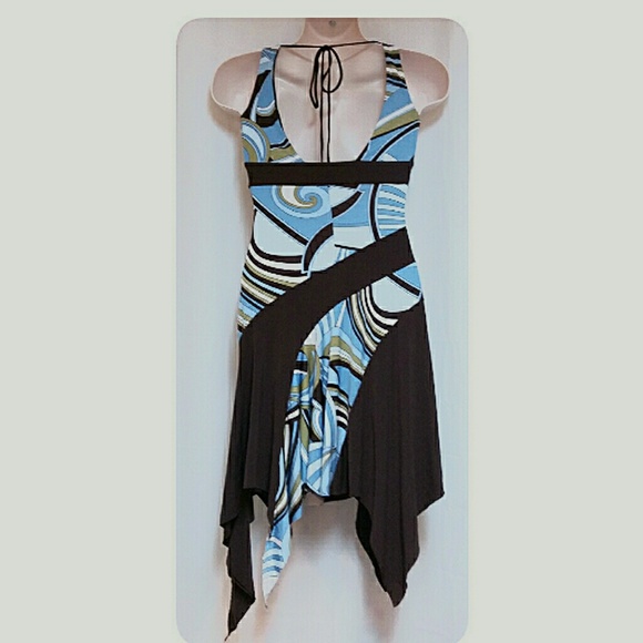 BCX Halter Style Dress Brown Blue Multi Jr's Med - Picture 2 of 5